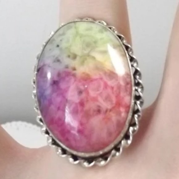 Multi-color Rainbow Solar Quartz 925 Sterling Silver Statement Ring, Size 8.5 - Picture 1 of 10
